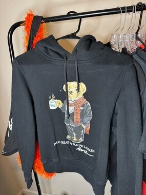 Ralph Lauren Black Polo Bear Crewneck Hoodie with Plaid Scarf Graphic